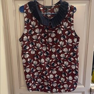 Ann Taylor Burgundy Floral Blouse with Navy Ruffle Large